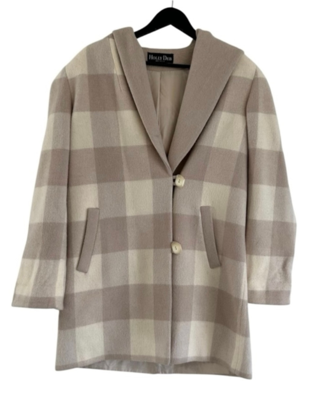 Vintage Holly Deb Plaid Wool Hooded Coat Medium Union Made In USA Cream Beige
